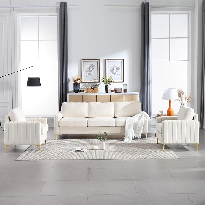 SLEERWAY Tufted Velvet Accent Chair Mid Century Modern Comfy Living Room Furniture Set Bedroom Club Lounge Reading 5.5 inch Cushioned Golden Legs (Beige Single Sofa Chair)