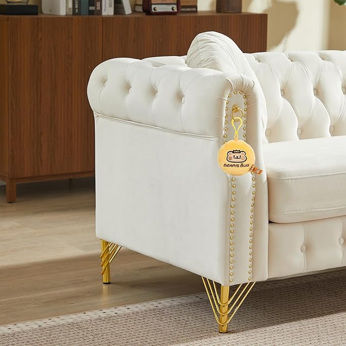 Chesterfield Velvet Button Tufted Sofa 37 inch Modern Deep Seater Couch Retro Style Upholstered Comfy Single Chair for Living Room Bedroom Apartment Office Beige
