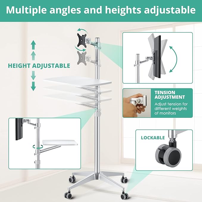 viozon Mobile DeskMobile WorkstationMulitiuse Rolling Laptop Floor Stand34-48.6 Height AdjustableCompatible with 17-27Monitor&amp12-17Laptop21×14 Desk BoardMaxload 17.6lbs4 Lockable Wh