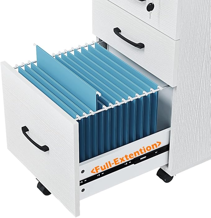 Panana 3 Drawer Wood Mobile File Cabinet Under Desk Storage Drawers Small File Cabinet for Home Office (White)