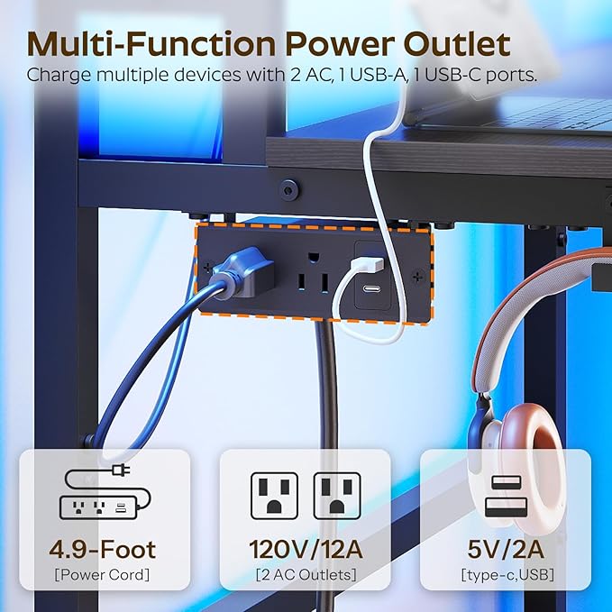 Small Computer Desk with Charging Station and LED Lights Gaming Desk with Monitor Stand 2-Tier Home Office Desk with 4 Side Hooks for Living Room Home Office Black DN01UDBBY2