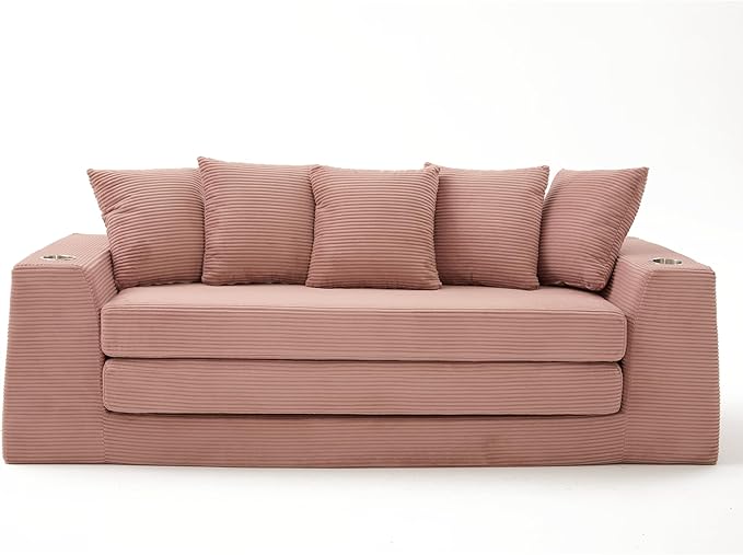 82'' Convertible Sofa Bed 2-in-1 Boneless Sleeper Sofa with Cup Holder &amp Pocket Corduroy Loveseat Sleeper Couch with 5 Pillows Pull Out Couch for Living Room Bedroom No Assembly (Pink)