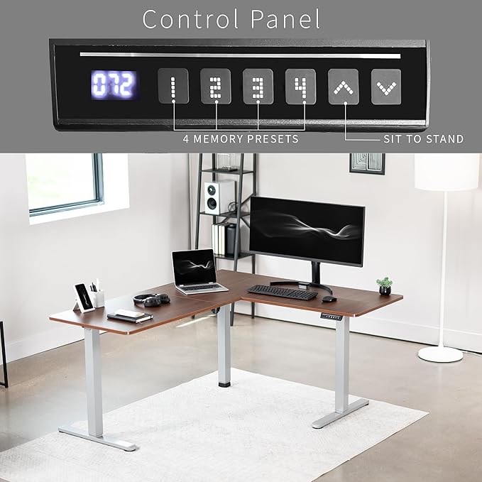 VIVO Corner Standing Desk 63 x 55 inch Reversible L-Shaped Workstation Electric Height Adjustment Home Office and Reception Rooms Dark Walnut Table Top Gray Frame DESK-E3CTGD