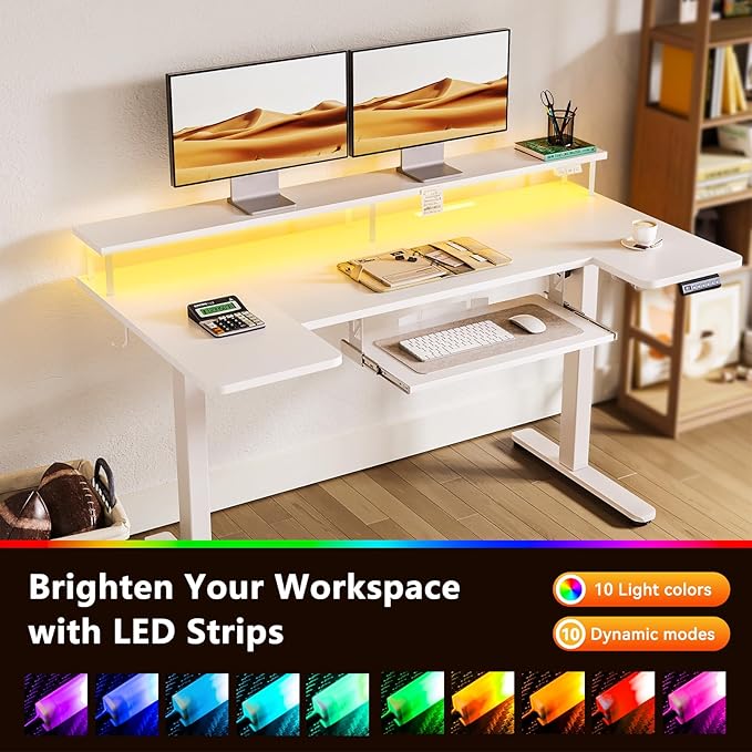OffiGo U Shaped Electric Standing Desk with Keyboard Tray 55 Inch Height Adjustable Desk with Power Outlets &amp LED Lights Sit Stand Table with Monitor Stand for Home Office White