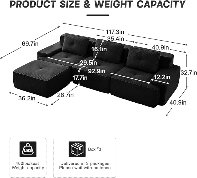 117.3 Modern L Shape Boneless Couch with Ottoman 3 Seater Corduroy Modular Sectional Sofa Comfy Cloud Sleeper Sofa with Deep Seat Upholstered Couches for Living Room Apartment Black