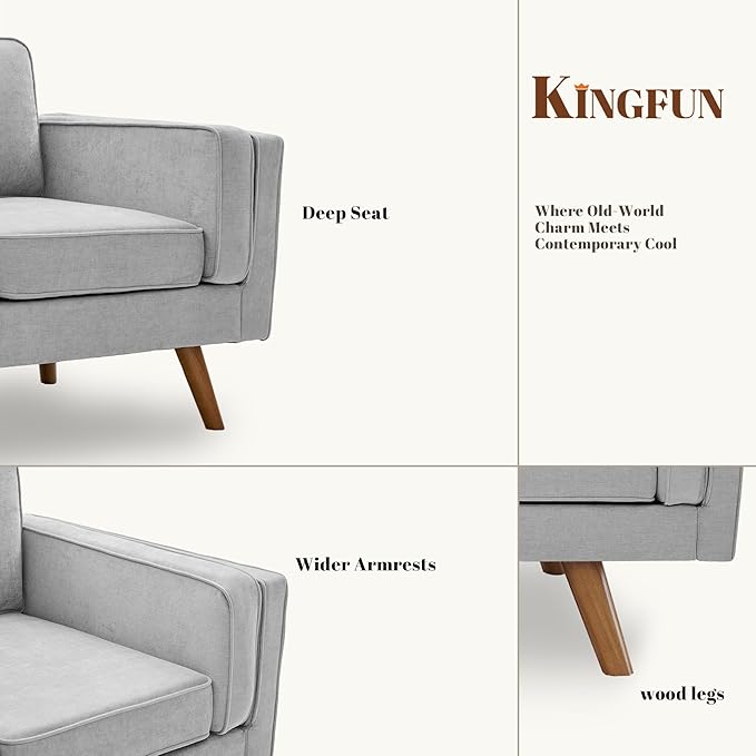 Kingfun Modern Accent Chair Set of 2 Living Room Chairs Chenille Reading Armchair Mid Century with Dual-Layer Armrests Solid Wood Frame Easy Assembly for Small Spaces Light Gray