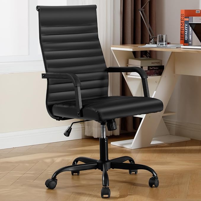 Office Chair Ergonomic Executive Conference Room Chairs Ribbed Leather Desk Chair with Lumbar Support Adjustable Height Mid-Back Swivel Chair with Padded Seat and Square Tube Armrests