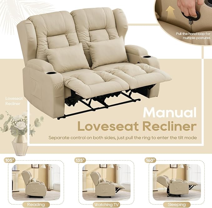 IPKIG 54 Loveseat Recliner Sofa - 2 Seater Reclining Sofa with Side Pockets Cup Holders Lumbar Pillows Manual Recliner (Beige 54 Loveseat)