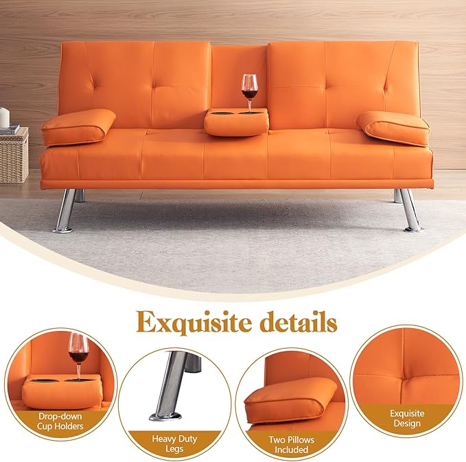 Modern Futon Sofa Bed 67 Inch Leather Convertible Futon Couch Loveseat Sleeper for Small SpacesComfy Folding Recliner Couches for Living Room Adjustable Backrest2 Cup HoldersMetal Legs (ORANGE)