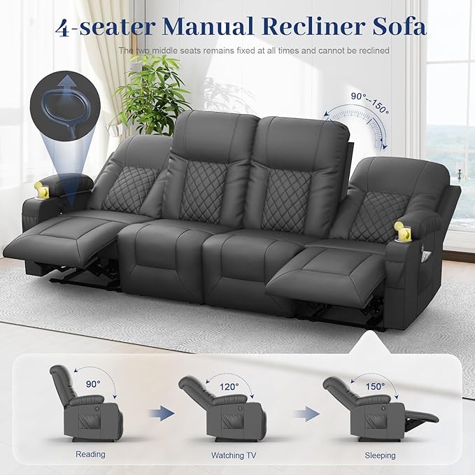 YONISEE 4 Seat Recliner Sofa Large Reclining Sofa with Storage Drawer Manual Recliner Couch with USB Ports 2 Cell Phone Holder 4 Seater Loveseat Recliner Couch for Living Room | Cell Phone Holder