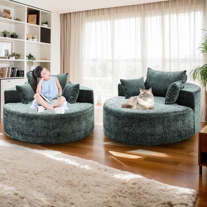 55 Oversized Chaise lounge Chair Indoor Modern Upholstered Deep Seat Wide Armrest Single Floor Circle Round Sofa Chair Sleeper for Small Living Room Bedroom Apartment with Pillow Green Chenille