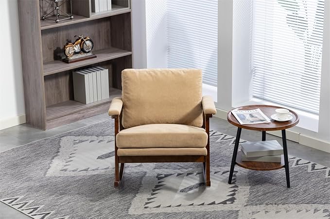 ZeHuoGe Mid Century Modern Accent Chair Rocking Chair with Wood Frame Upholstered Living Room Chairs Reading Armchair for Bedroom Sunroom (Khaki)