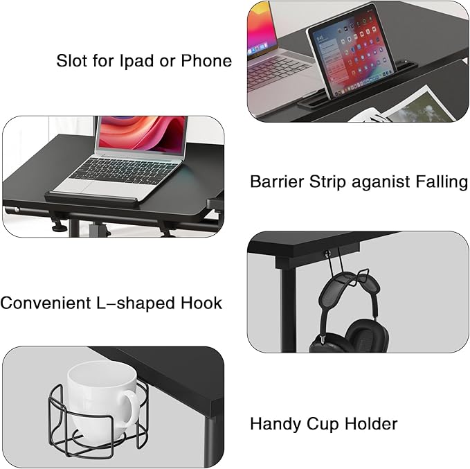 SDHYL 31.5 inches Movable Laptop Desk with Mouse Board Adjustable Height and Angle Anti-Slip Workstation Home Office Desk with Tablet Slot Portable Student Desk Black