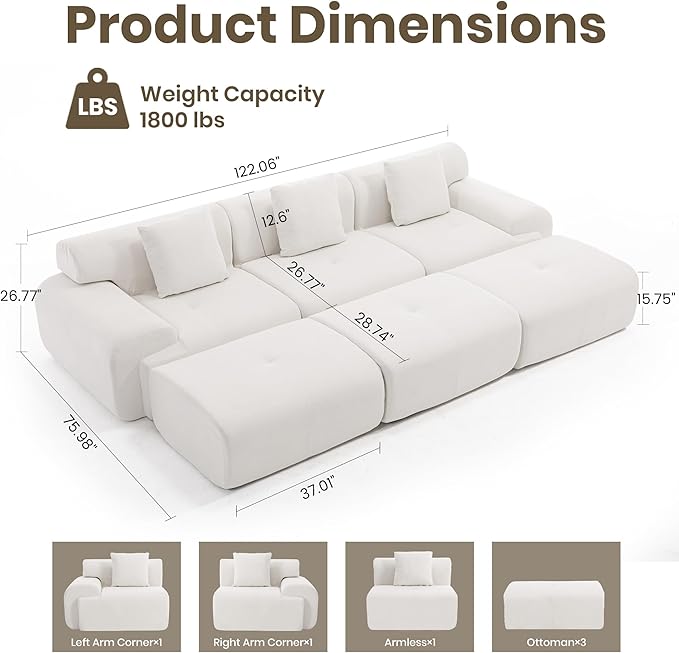 122 Modular Sectional Sofa Convertible L-Shape Cloud Couch Corduroy Upholstered Boneless Sofa Set with Deep Seat &amp Movable Ottoman No Assembly Needed for Living Room Bedroom Home Office Bei