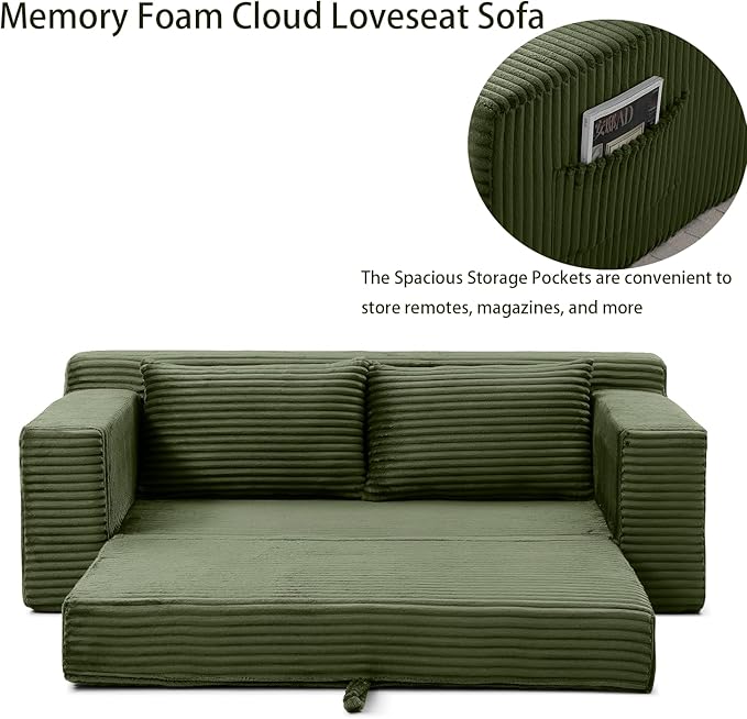 73 Memory Foam Cloud Loveseat Sofa 2 in 1 Convertible Folding Couch Bed Compressed Corduroy Floor Lounge Sofa No Assembly for Apartment Office Bedroom Living Room (Green)