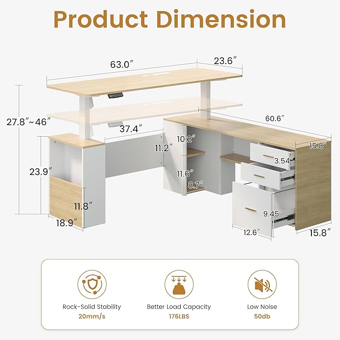 JOMEED 63 L Shaped Electric Standing Desk with Storage Executive Adjustable Height with Power Outlets and Privacy PanelOak and White