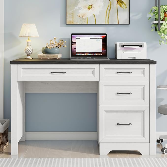 Farmhouse Executive Desk with Drawers Wood Computer Desk with Ample File Drawer Rustic Home Office Desk with Storage for Bedroom Living Room Black