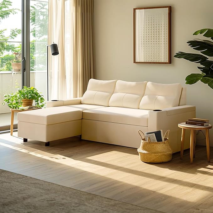 Pamapic 81 Sleeper Sofa with Armrest StorageL-Shaped Sofa with Supportive CushionsCup HoldersSide PocketsPull Out Sleeper Sofa BedPullout Sectional Sofa Couch with Large StorageBeige