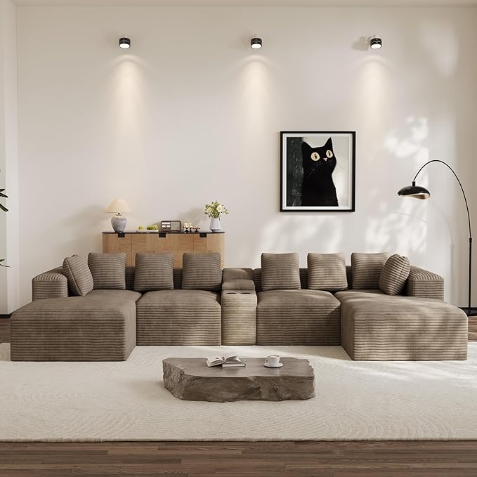 Modular Sectional Sofa with USB Cup Holders Storage 143 U Shaped Cloud Couch Plush Corduroy Deep Seat Boneless Sofas with Double Chaise Lounge Sectional Couches Memory Foam for Living Room - Camel