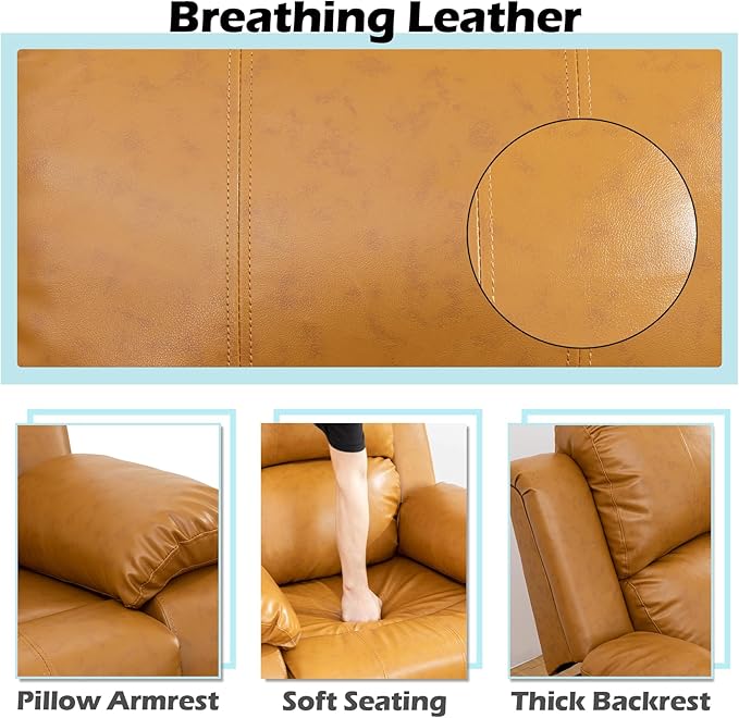 Manual Recliner Sofa Set for Living Room Leather Reclining Sofa Sets Faux Leather Couch Set with Cup Holders Drop-Down Table and Storage Console(LoveseatGinger)