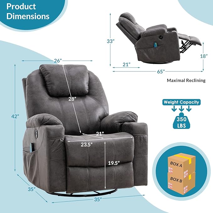 Manual Swivel Glider Rocker Recliner Chair with Massage and Heat 2 USB Ports 2 Cup Holders 2 Side Pockets and 2 Front Pockets Bronze Suede Fabric (Grey)