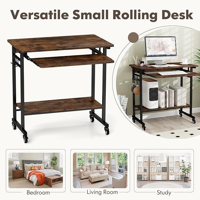 Tangkula Rolling Computer Desk Cart with Keyboard Tray Mobile Portable Laptop PC Desk with CPU Stand &amp 3 Hooks for Sofa &amp Bed Industrial Small Desk on Wheels for Small Spaces Home Office De
