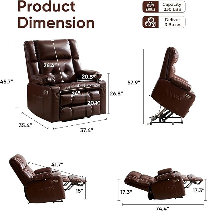 Dual Motor Power Lift Recliner Chair for Elderly with Massage and Heat Oversized Lift Chair with Arm Storage Lay Flat Lift Recliner for Adults Big Tall Infinite PositionLving Room Brown