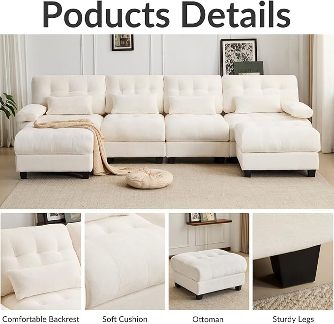 KEIKI 119 4 Seater Chenille Modular Sectional Couches with 4-Position Adjustable Backrest 2 Ottoman &amp 4 Throw Pillows Comfy Couch Sofa for Living Room Apartment Indoor 350lb/Seat