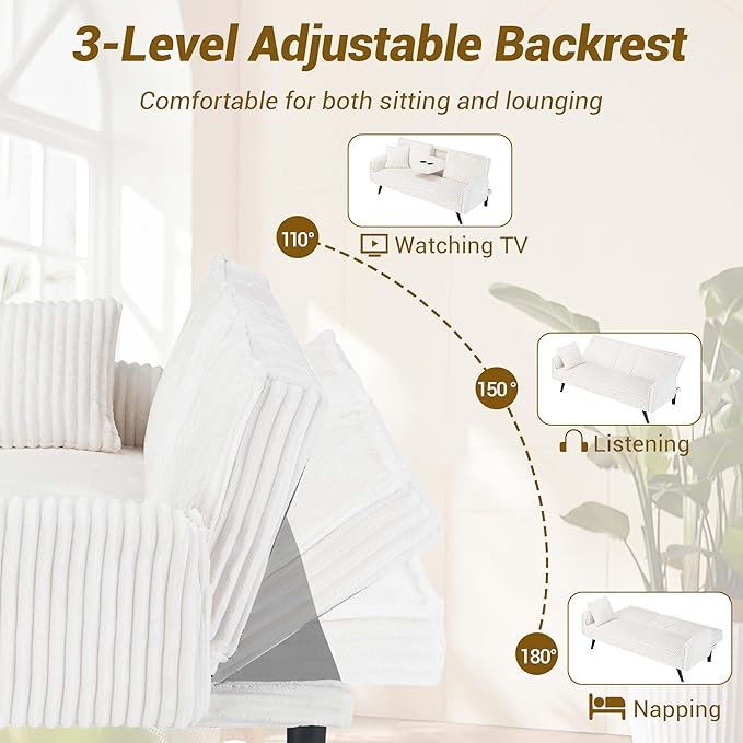 72 Modern Corduroy Sofa Bed FutonConvertible Sleeper Couch Bed with Cup Holder4 Reclining PositionsFolding Sofa Cloud Loveseat for Small Living Room Apartment Office (White)