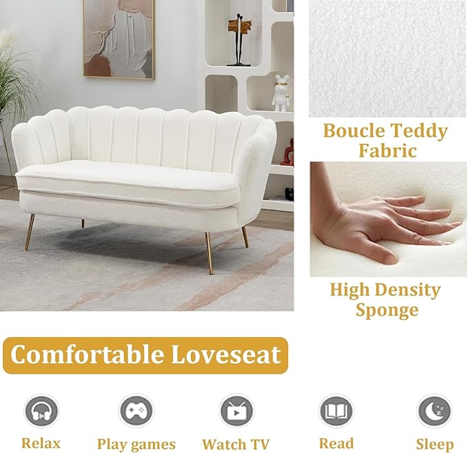 59 Wide Modern Boucle Loveseat Small Sofa Small Mini Room Couch 2-Seater Sofa with Gold Metal Legs for Space Office Studio Apartment Bedroom (Ivory)