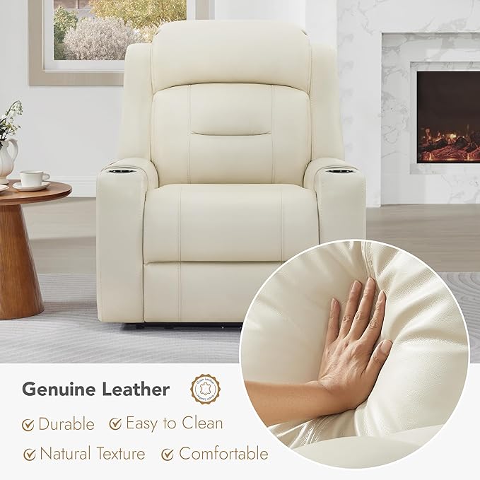 Watson &amp Whitely Genuine Leather Power Recliner Chairs for Adults Lay Flat Recliner with Power Headrest USB Ports and Cup Holders Electric Reclining Sofa for Living Room Bedroom Cream