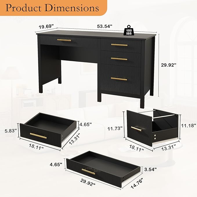 Black Executive Desk with Drawers: 54 Wood Computer Desk with File Drawer Modern Home Office Desks with Storage Fluted Writing Desks for Working Studying (Black 54)