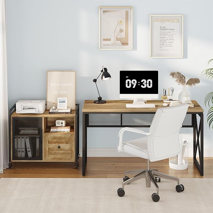 BON AUGURE Farmhouse Computer Desk Modern Industrial Home Office Desks Wood Metal Study Writing Table Sturdy Gaming Desk (Vintage Oak 54 Inch)