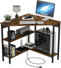 Auromie Corner Desk with Outlets &amp USB Ports 90 Degree Triangle Corner Table with CPU Stand &amp Storage Shelves for Small Space Computer Table with Charging Station for Home Office Bedroom (Ru