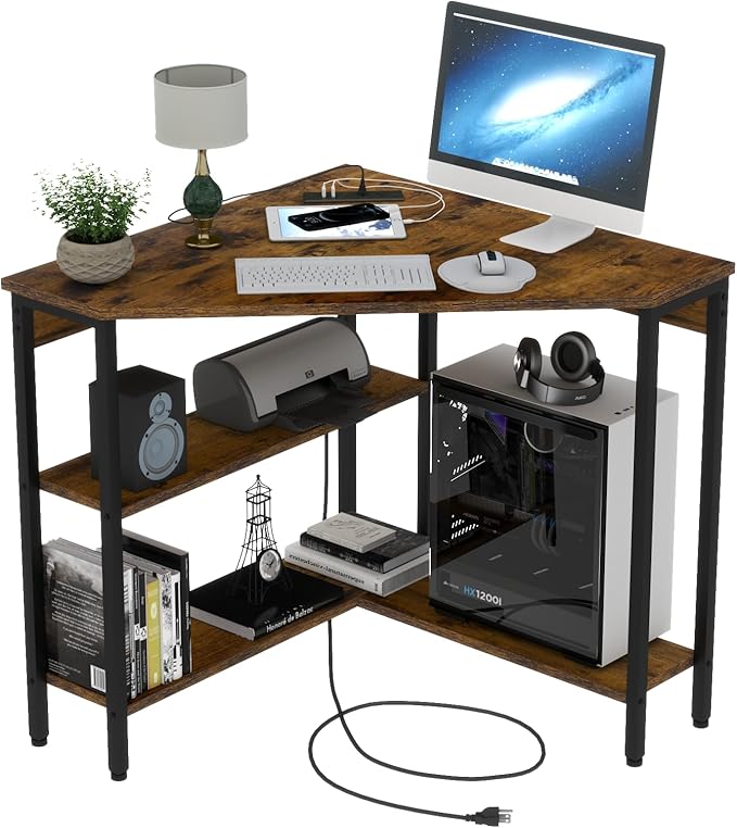 Auromie Corner Desk with Outlets &amp USB Ports 90 Degree Triangle Corner Table with CPU Stand &amp Storage Shelves for Small Space Computer Table with Charging Station for Home Office Bedroom (Ru