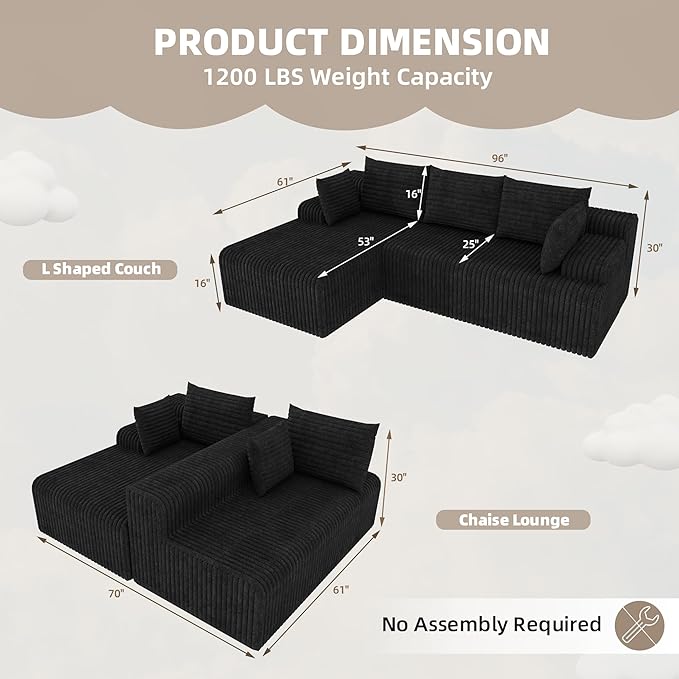 2026 New Boneless Couch No Assembly Cloud Couch Sectional with Deep Seat &amp Chaise for Small Spaces Upholstered Boneless Sectional Couch for Living Room L Shaped Couch with Left Facing Chaise B