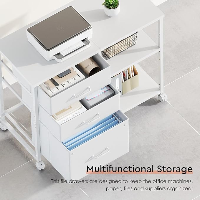 3 Drawer File Cabinet with Wheels Rolling Printer Stand with Open Storage Shelf Fabric Lateral Filing Cabinet for Home OfficeWhite