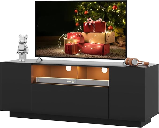WLIVE TV Stand with LED Lights &amp Large Storage Cabinet Modern Entertainment Center for 32/43/50/55 Inchs TVs Sturdy Media Console for Living Room BedroomGaming(Black)