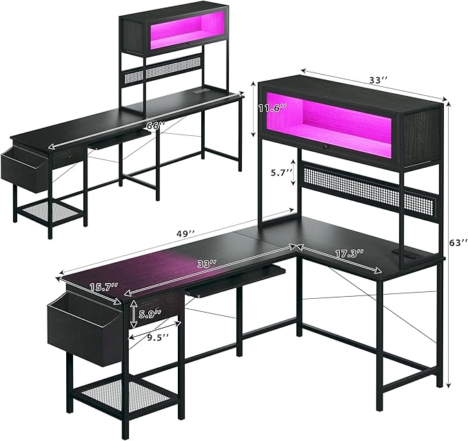 L Shaped Gaming Desk with Power Outlets &amp LED Lights 49'' Reversible Computer Desk with Hutch &amp Pegboard &amp Display Cabinet Corner Home Office Desk with Drawer &amp Keyboard Tray &amp S