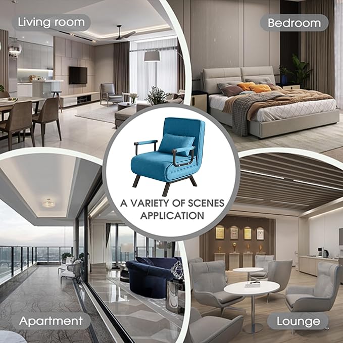 Convertible Sleeper Chair 5 in 1 Folding Sofa Bed with 5-Position Adjustable Backrest &amp Pillow Floor Single Chairs Cozy Futon Chair for Small Spaces Apartment Bedroom Office (Blue)