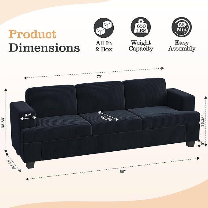Apicizon Modern Loveseat &amp 3-Seater Sofa Set of 3 Corduroy Couch 3 Piece Sofa Set for Living Room Modern Lounge Sofa Couches for Apartment Lounge Black Corduroy