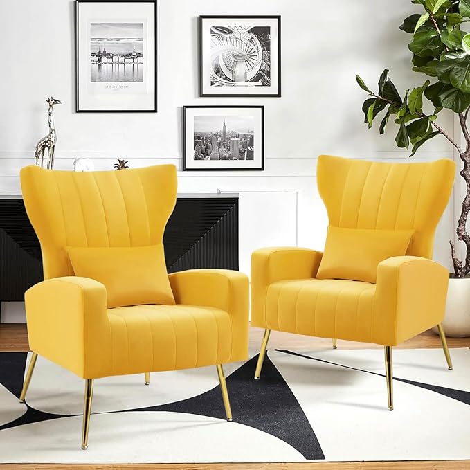 Modern Velvet Accent Chair with Arm &amp Wingback Living Room Bedroom Side Chair with Gold Metal Legs &amp Lumbar Pillow Channel Tufted Yellow