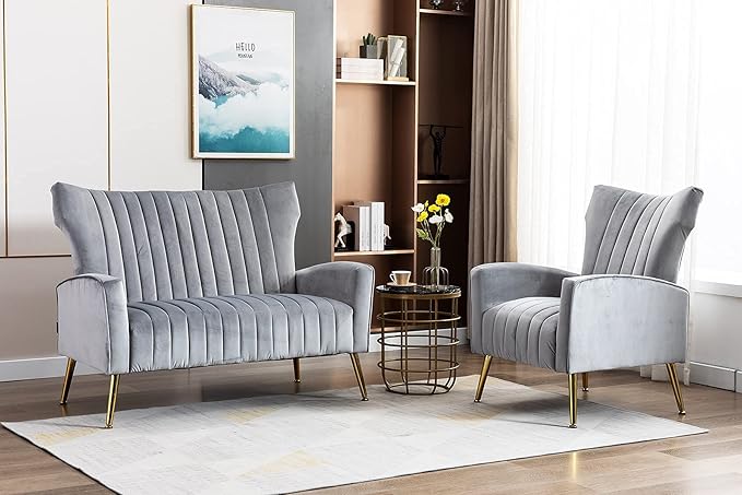 Artechworks Tufted Contemporary Velvet Wingback HighBack Loveseat Sofa Chair Upholstered Couch with Gold Metal Legs Two-Seat Sofa for Living Room Bedroom Apartment Small Space Dorm Grey