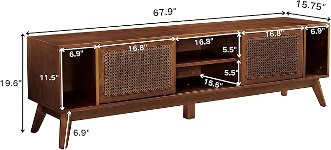 LKTART 68 Inch Mid Century Modern TV Stand with Rattan DoorsMCM Entertainment Center Media Console for 60/65/70/75 inch TVsLong Boho Television Stand for Living RoomLight Walnut
