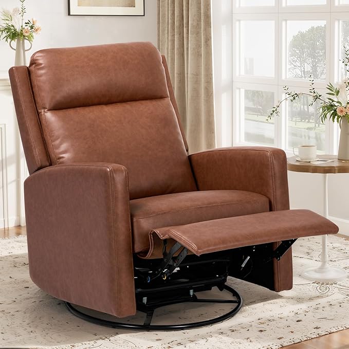 COLAMY Leather Recliner Chair for Adults Swivel Rocker Recliner for Small Spaces Wide Glider Rocking Nursery Chair with Ergonomic High Backrest for Home Living Room Office Bedroom（Cocoa）