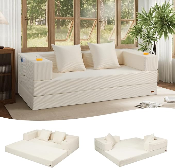 COMAX Boneless Couch Futon Sofa Bed Couches Versatile Queen for Living Room 79 4 in 1 Convertible Sleeper Corduroy Couch Foam in a Box Foldable Fold Out Floor Mattress No Assembly Required Beige