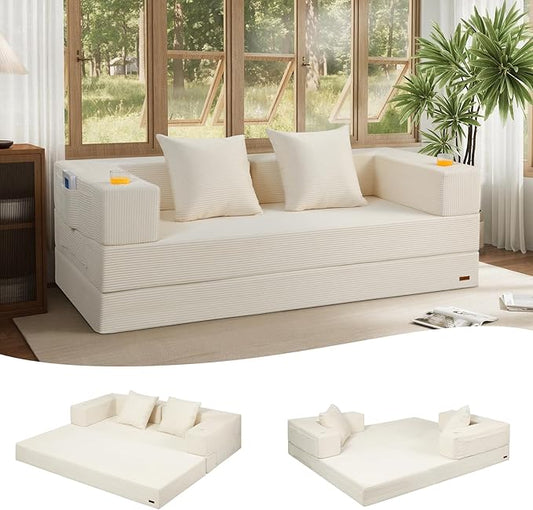 COMAX Boneless Couch Futon Sofa Bed Couches Versatile Queen for Living Room 79 4 in 1 Convertible Sleeper Corduroy Couch Foam in a Box Foldable Fold Out Floor Mattress No Assembly Required Beige