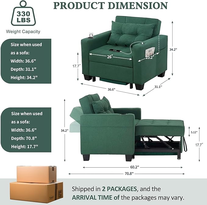 DURASPACE Pull Out Sofa Bed 3-in-1 Convertible Sofa Sleeper Chair Bed with USB Cup Holder Adjustable Armchair Beds for Small Spaces Apartment Living Room Office (Green Linen)