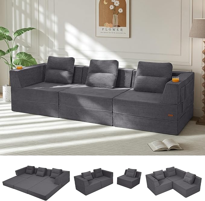 COMAX Futon Sofa Bed 3 Seater 106 Convertible Sofa Bed Couches for Living Room 4 in 1 Folding Boneless Sleeper Corduroy Couch Foam in a Box Comfy Foldable Lounge Fold Out Floor Mattress Grey