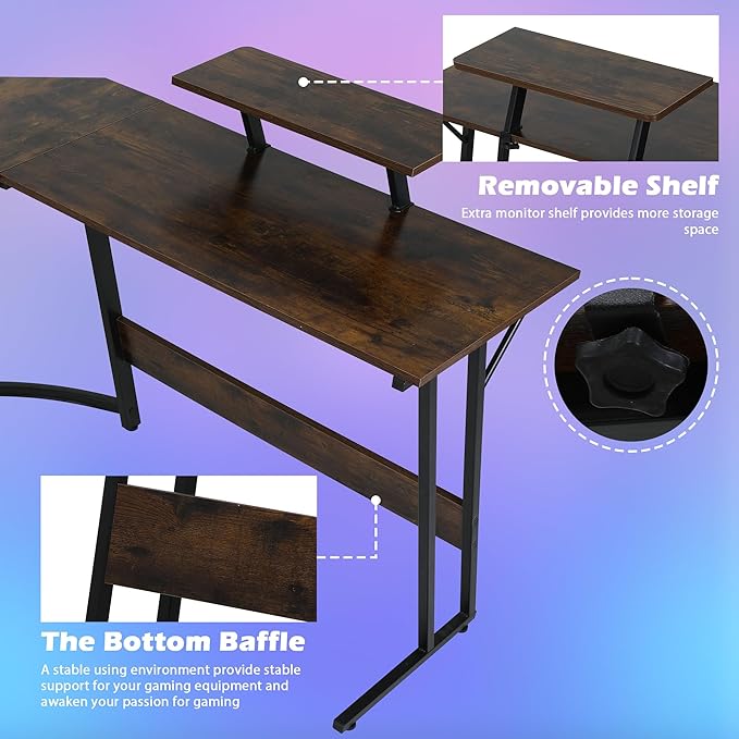 L Shaped Gaming Desk Modern Computer Desk Home Office Desks with Large Monitor Riser Stand Sturdy PC Desk for Bedroom Minimalist Brown 50Inch